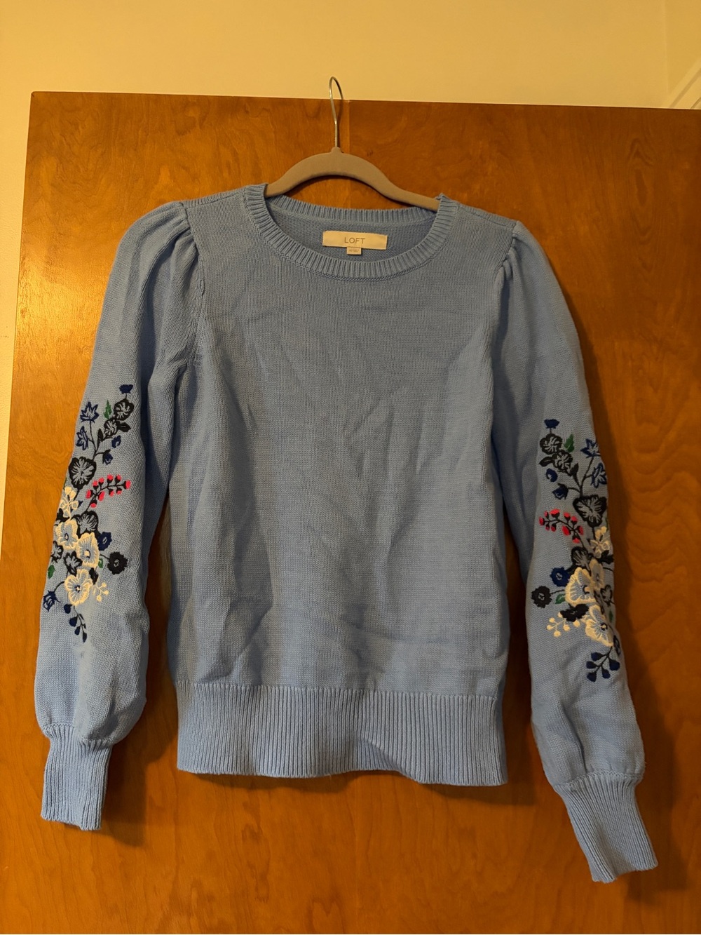 LOFT Sky Blue Crewneck Sweater with Floral Sleeve Embroidery